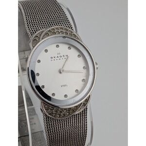 Skagen Steel Watch Women 26mm Case Mesh Metal Band Crystal Accent- New Battery